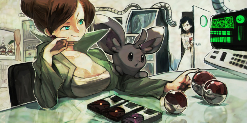 &gt;_&lt; 2boys 4girls antenna_hair aqua_eyes baseball_cap bel_(pokemon) bell_(pokemon) black_eyes black_hair blonde_hair breast_rest breasts brown_eyes chair cheren_(pokemon) choker cleavage curtains earrings glasses green_eyes hair_bun hat high_ponytail highres jewelry kane labcoat long_hair makomo_(pokemon) male minccino multiple_boys multiple_girls necklace nintendo open_mouth peeking poke_ball pokedex pokemon pokemon_(game) pokemon_black_and_white pokemon_bw ponytail popped_collar short_hair smile touko_(pokemon) touya_(pokemon) window