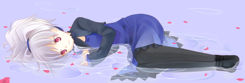 black_pantyhose bow darker_than_black dress hair_ribbon highres loafers lying on_side pantyhose petals pink_eyes ponytail ribbon ripples shoes silver_hair solo water yin yukinohana