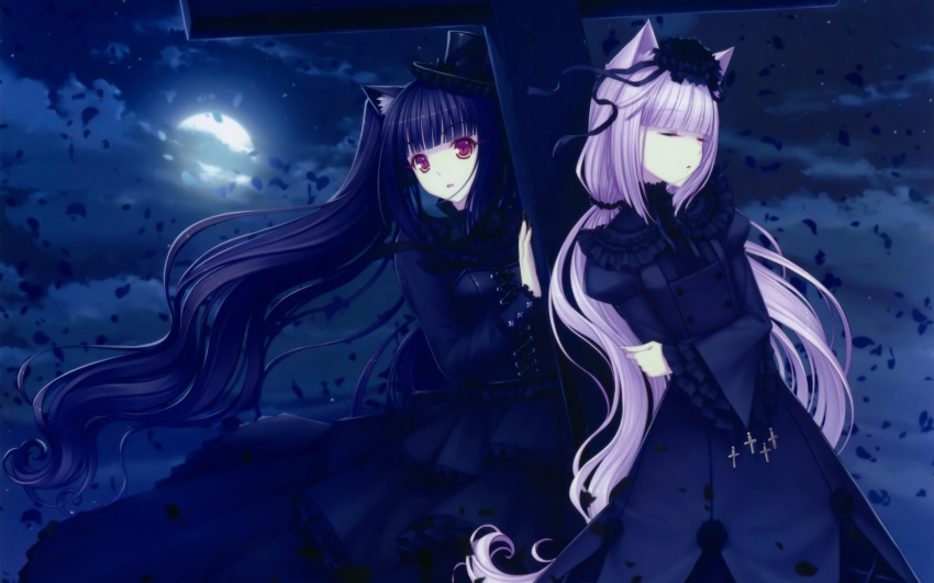 2girls animal_ears catgirl chocolat_(sayori) long_hair moon original sayori vanilla_(sayori)