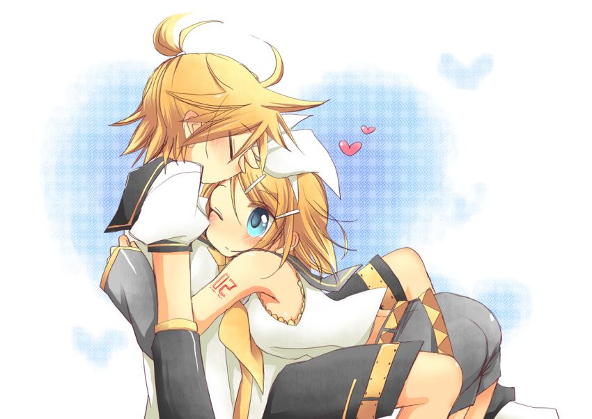 ass belt blonde_hair blush brother_and_sister closed_eyes detached_sleeves forehead_kiss hair_ornament hair_ribbon hairclip heart hug kagamine_len kagamine_rin kiss nao_(flake) ponytail ribbon sailor_collar short_hair shorts siblings twins vocaloid wink