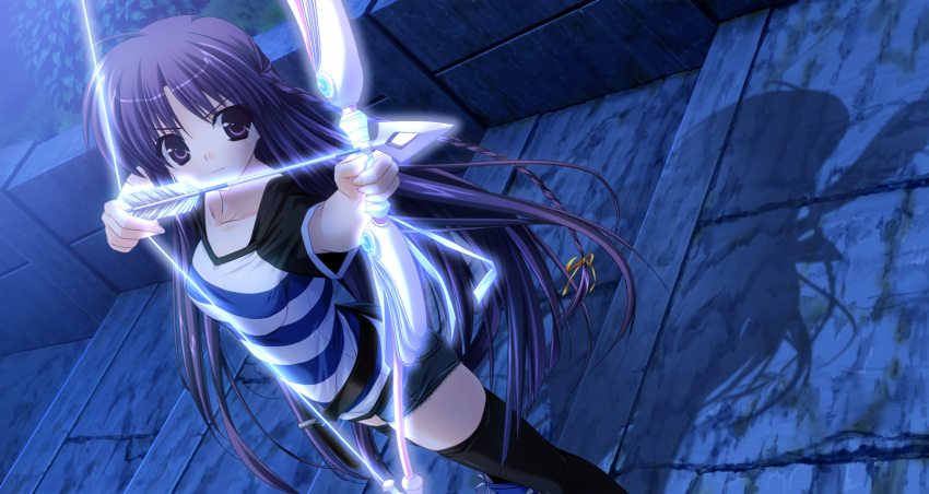 bow grass long_hair night original purple_hair shintaro thigh-highs violet_eyes weapon