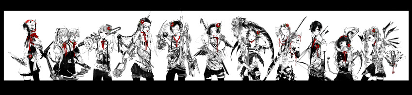 bad_id boomerang bow_(weapon) chainsaw chess08 claws fan flower glasses gun hair_flower hair_ornament highres hood monochrome multiple_boys multiple_girls original pantyhose polychromatic scythe short_hair spot_color sword tattoo thighhighs weapon wings