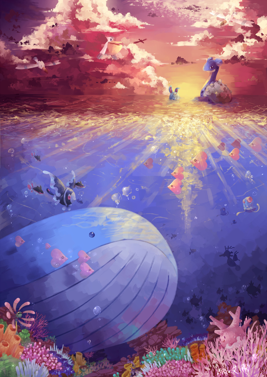 azumarill bubble cloud clouds coral corsola cradily effier_kyo finneon highres kingdra lapras lumineon luvdisc magikarp no_humans pelipper pokemon pokemon_(creature) pokemon_(game) pokemon_gsc pokemon_rgby pokemon_rse remoraid scenery shellder sky sunset tentacool underwater wailord water wingull