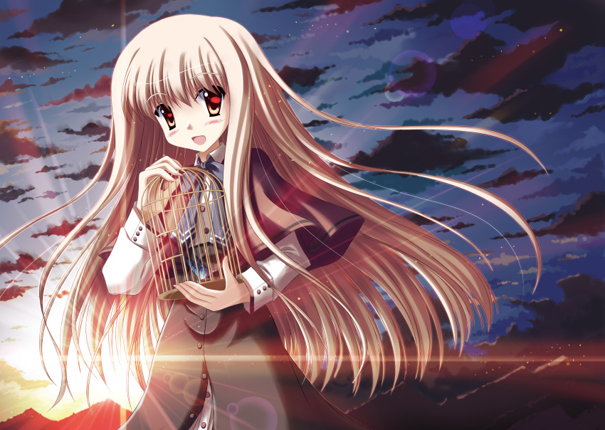 bird blonde_hair blush brown_eyes clouds dress eden long_hair sky stars sunset