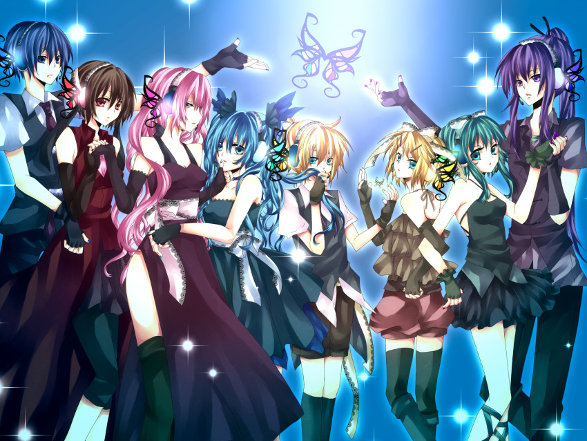 blonde_hair blue_eyes blue_hair brown_hair butterfly dress glasses gloves green_eyes green_hair group gumi hatsune_miku headphones kagamine_len kagamine_rin kaito kamui_gakupo kneehighs long_hair megurine_luka meiko pink_hair ponytail purple_hair red_eyes ribbons short_hair skirt thigh-highs necktie twintails violet_eyes vocaloid