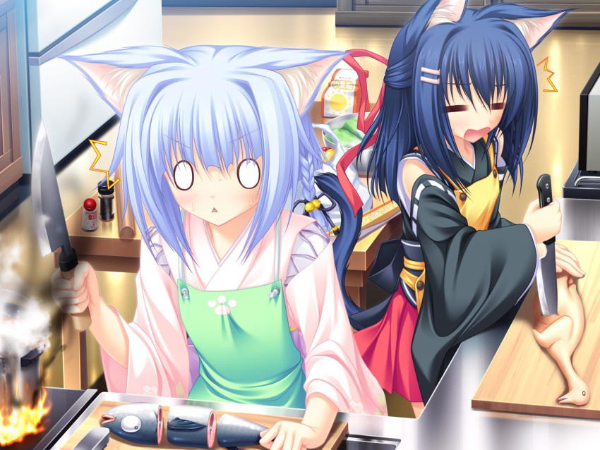 animal_ears blue_hair catgirl fire fish food japanese_clothes kimono kiryuu_hina kiryuu_sakuya neko_koi tail weapon