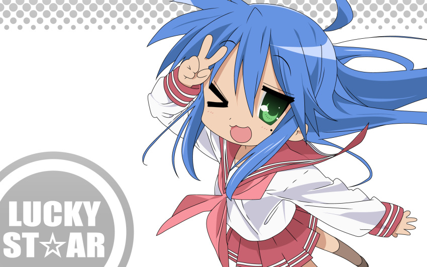 blue_hair green_eyes izumi_konata long_hair lucky_star open_mouth school_uniform solo v wink