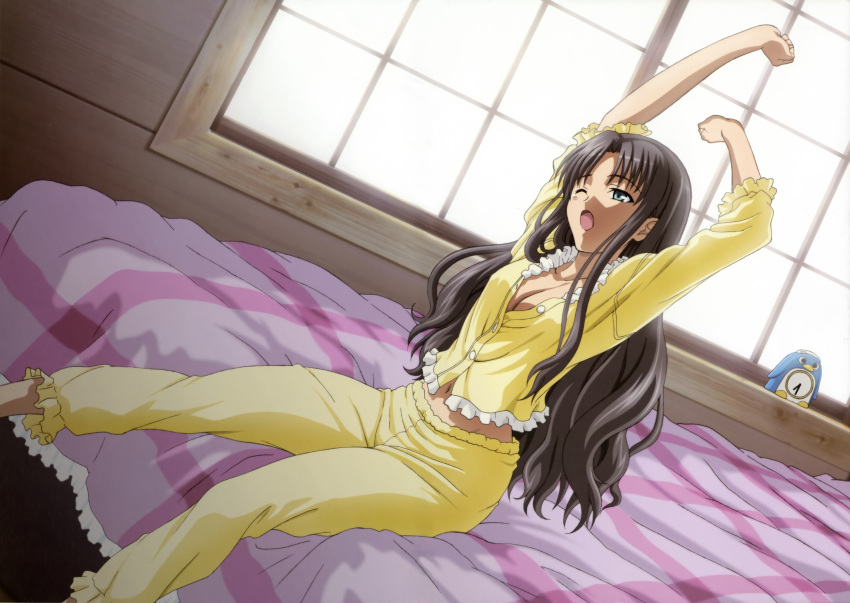 absurdres alternate_hairstyle bed bird black_hair breasts cleavage clock fate/stay_night fate_(series) frills green_eyes hair_down highres long_hair midriff navel on_bed open_mouth pajamas penguin scan sitting sleepy solo stretch tears tohsaka_rin toosaka_rin ueda_makoto unbuttoned window wink yawning