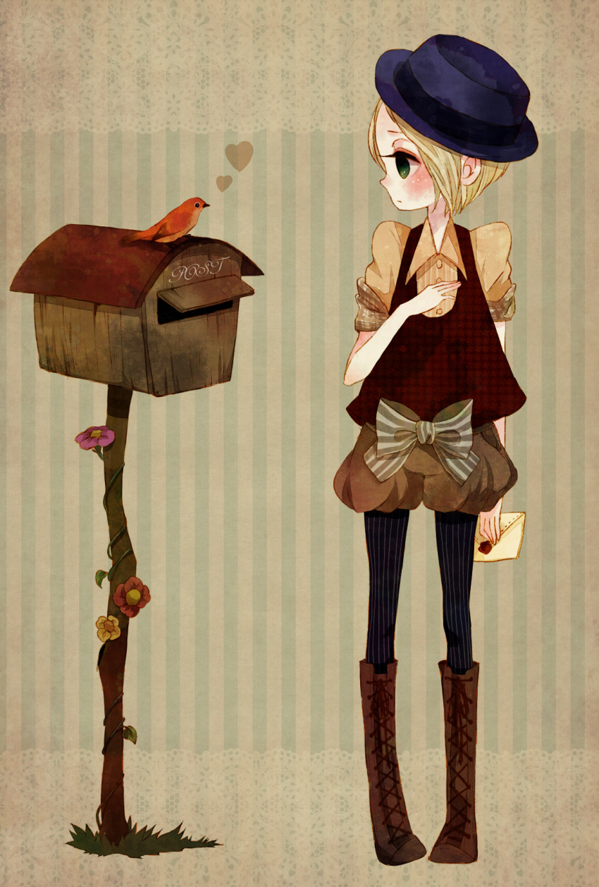 blonde_hair boots bow flower green_eyes hat highres letter mailbox original pantyhose poco24 ribbon short_hair solo