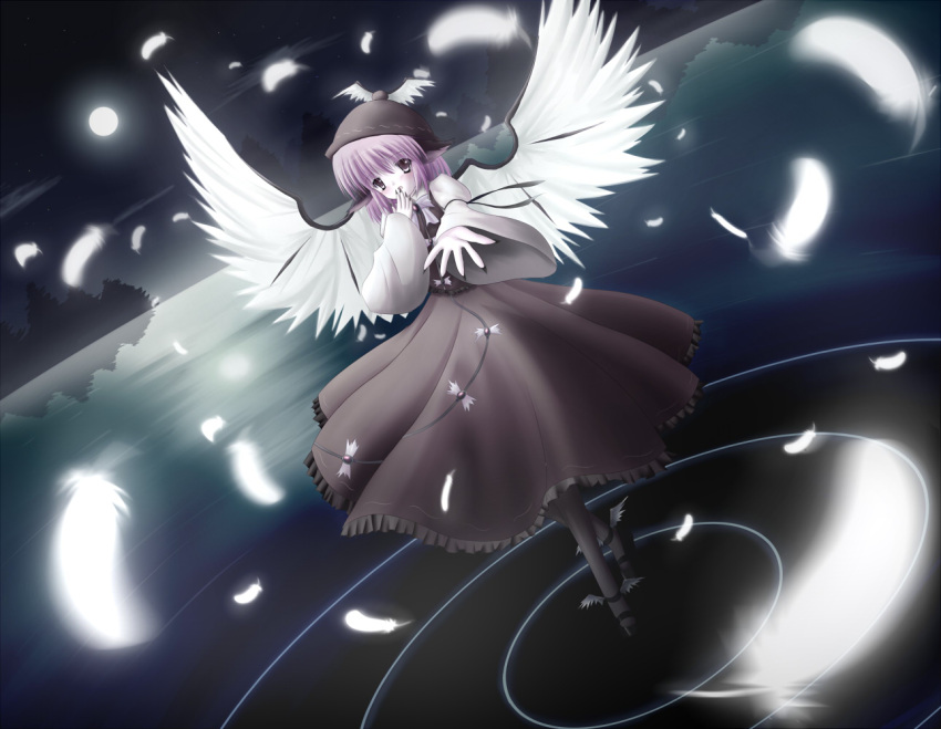 animal_ears blush brown_dress dress dutch_angle feathers fingernails frilled_dress frills full_moon hand_to_mouth hanetsuki_tokei hat long_fingernails mary_janes moon moonlight mystia_lorelei night outstretched_hand pantyhose pink_hair purple_hair shoes short_hair solo standing_on_water stars touhou violet_eyes wallpaper water wide_sleeves winged_shoes wings yellow_eyes