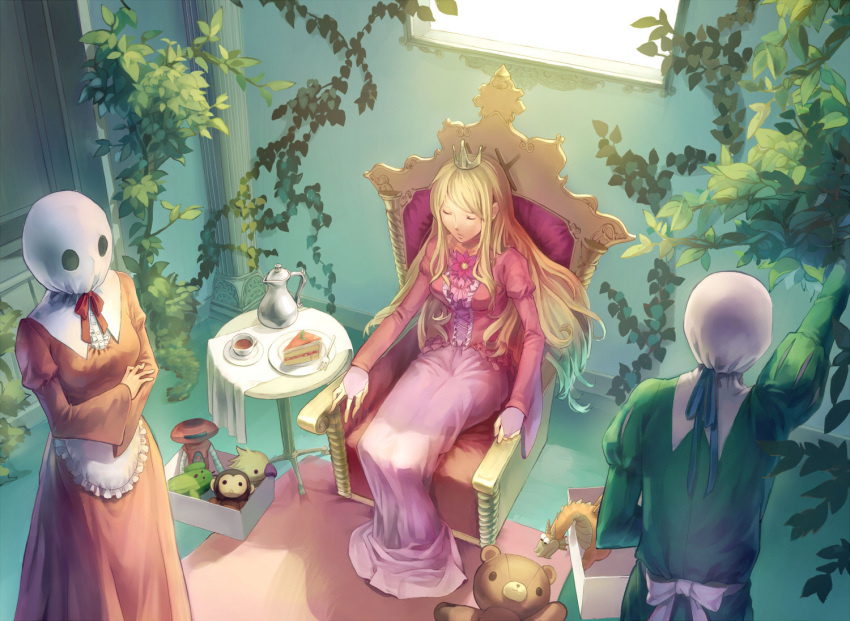 cake chocobo closed_eyes crown dragon e.v.e. final_fantasy flower food indoors long_dress long_hair maid mask mother_(game) plant queen_mary rockman rockman_(classic) sabotender stuffed_animal stuffed_toy tea teddy_bear throne very_long_hair vines