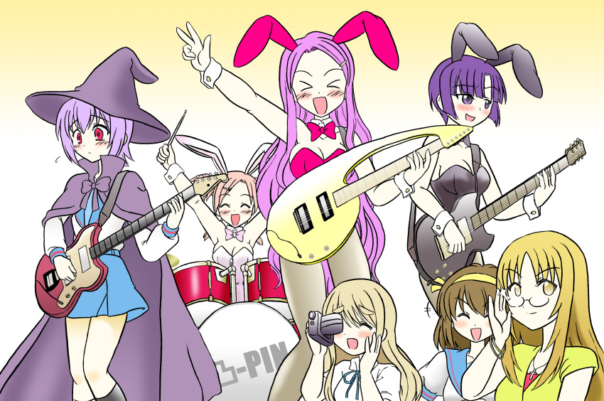 band bunny_ears bunnysuit camera cape cosplay crossover dekopin_rocket drum drum_set drumsticks guitar hat highres hoshikawa_tsukimi instrument izumi_ako k-on! kakizaki_misa kotobuki_tsumugi kugimiya_madoka long_hair mahou_sensei_negima! nagato_yuki nagato_yuki_(cosplay) pantyhose purple_hair rabbit_ears red_eyes school_uniform shiina_sakurako short_hair suzumiya_haruhi suzumiya_haruhi_no_yuuutsu witch_hat yamanaka_sawako