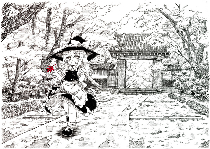 broom east_asian_architecture etogami_kazuya gate hat kirisame_marisa leaf long_hair maple_leaf monochrome nature outdoors scenery solo spot_color touhou tree witch_hat