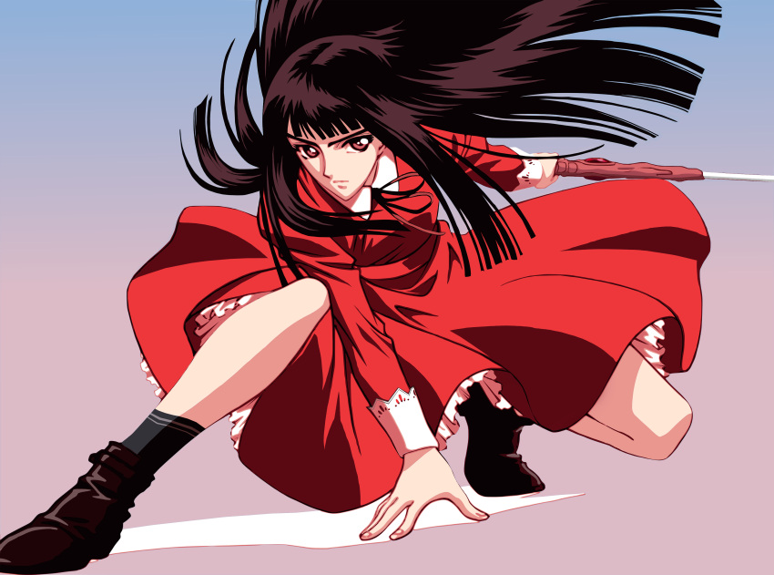 black_hair dress highres kishuu_arashi long_hair red_dress solo sword weapon x/1999 x_(manga)