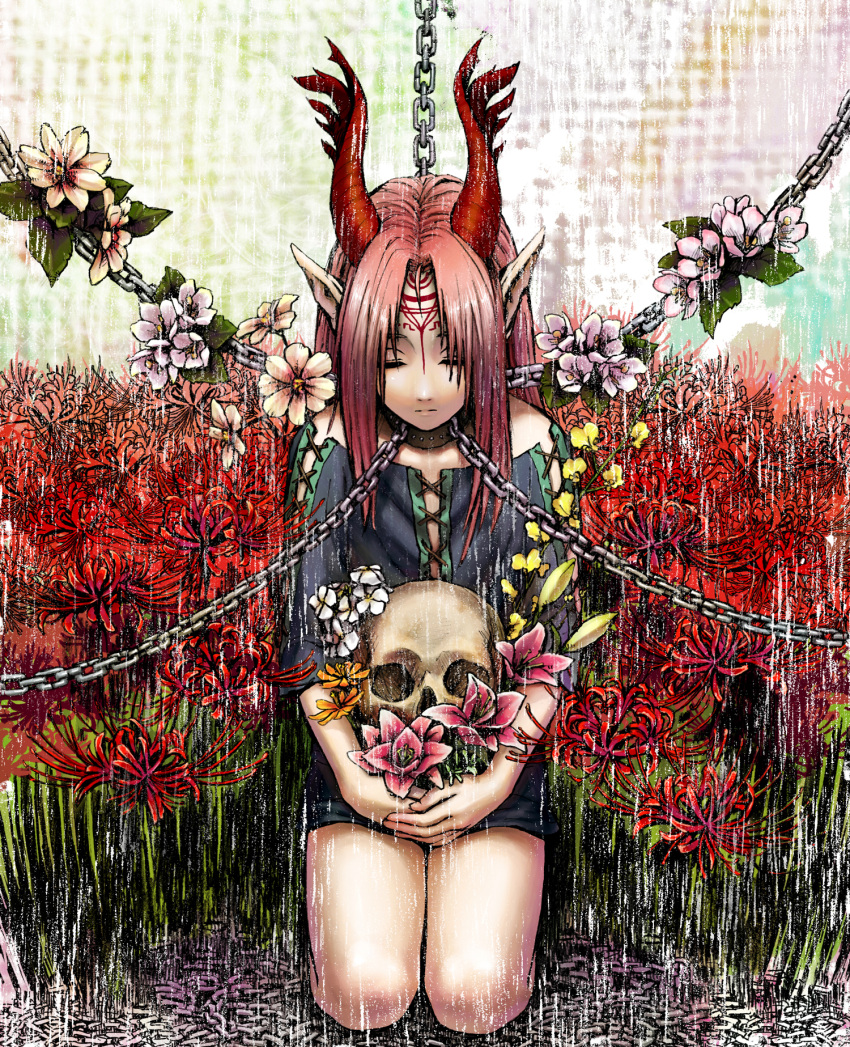 chained closed_eyes collar facial_mark facial_markings flower highres horns kneeling original pink_hair pointy_ears rairaku skull solo spider_lily