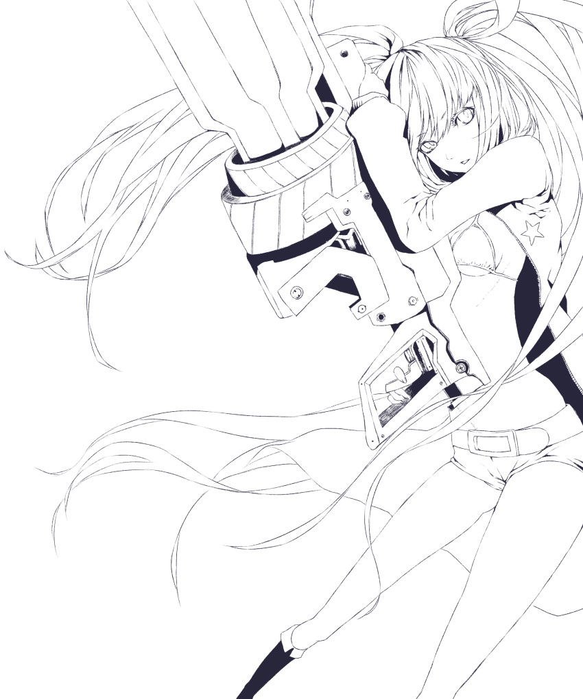 arm_cannon bad_id belt bikini_top black_rock_shooter black_rock_shooter_(character) coat highres lineart long_hair midriff monochrome navel roku_(hikokeng) scar shorts solo transparent_background twintails very_long_hair weapon