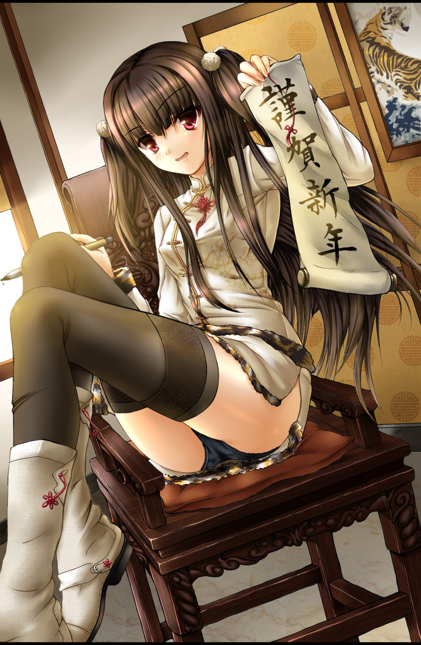 black_legwear black_panties black_thighhighs blush boots brown_hair calligraphy_brush chair china_dress chinese_clothes cushion dutch_angle hair_bobbles hair_ornament highres legs legs_up long_hair original paintbrush painting panties pantyshot red_eyes scroll sirills sitting solo thigh-highs thighhighs translated twintails underwear