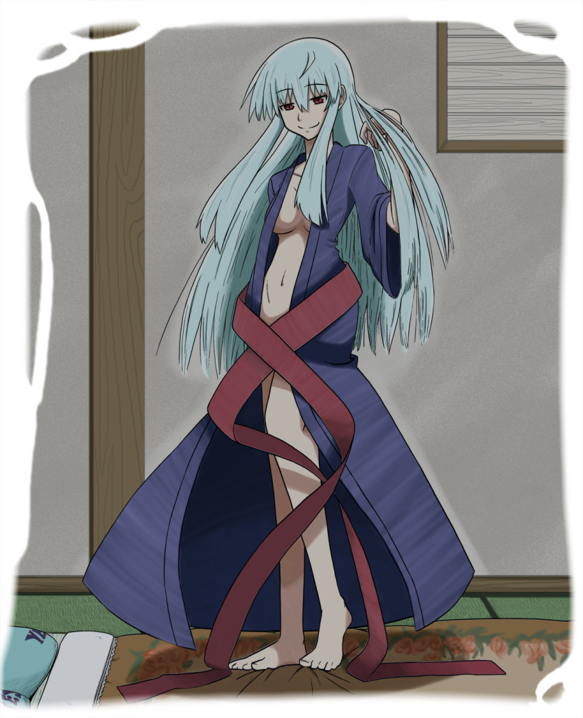 blue_hair breasts highres kamishirasawa_keine long_hair noein_(artist) open_clothes open_robe red_eyes smile touhou