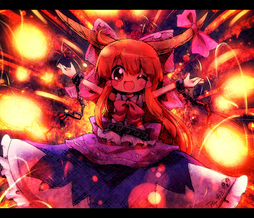 ayakashi_(monkeypanch) blush_stickers bow brown_hair chain cuffs danmaku fang hair_bow highres horn_ribbon horns ibuki_suika long_hair orange_hair outstretched_arms red_eyes ribbon smile solo spread_arms star touhou wink