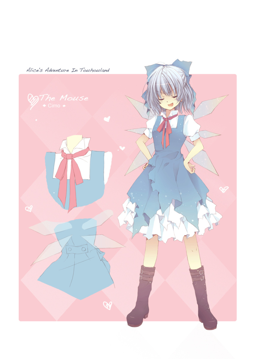 alice_in_wonderland blue_hair blue_hallelujah boots bow character_sheet cirno closed_eyes hair_bow highres lan_hallelujah short_hair solo touhou wings