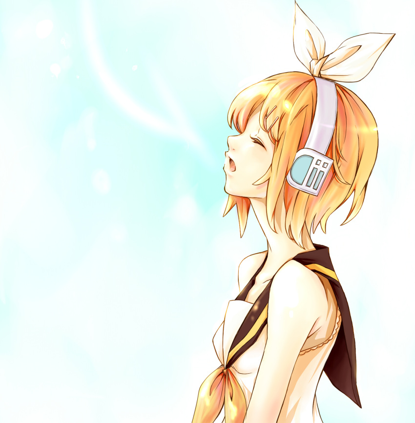 bare_shoulders blonde_hair closed_eyes detached_sleeves hair_ornament hair_ribbon hairclip headphones highres kagamine_rin komachi_noe open_mouth profile ribbon sailor_collar short_hair singing solo vocaloid