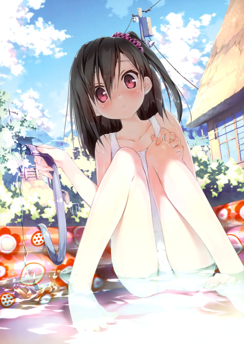 barefoot black_hair feet hands highres kantoku one-piece_swimsuit original plaid red_eyes scan school_swimsuit shizuku_(kantoku) short_hair side_ponytail solo swimsuit tartan toes water white_school_swimsuit white_swimsuit