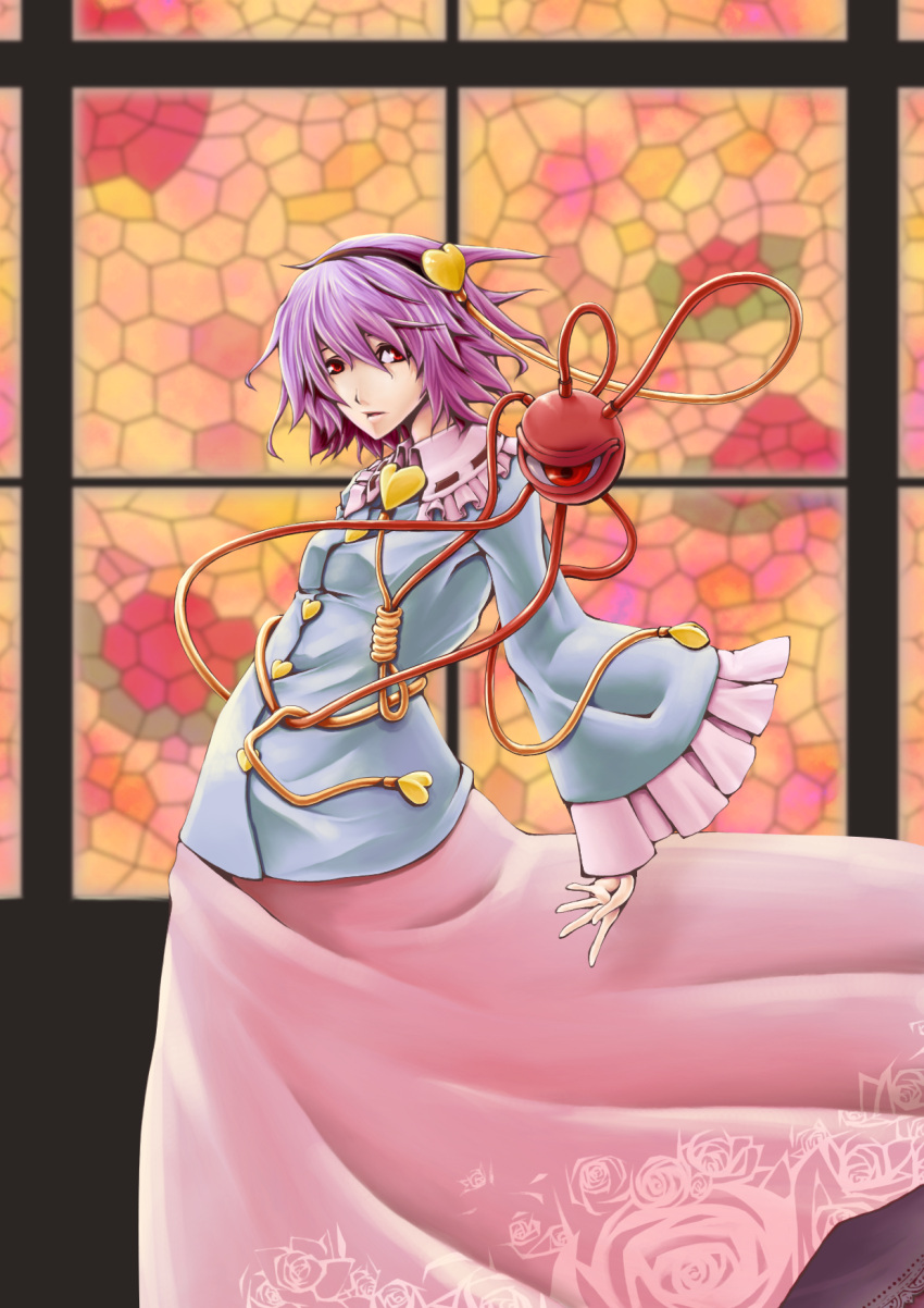 eyes floral_print hairband heart highres icf komeiji_satori long_skirt purple_hair red_eyes short_hair skirt solo stained_glass touhou wind