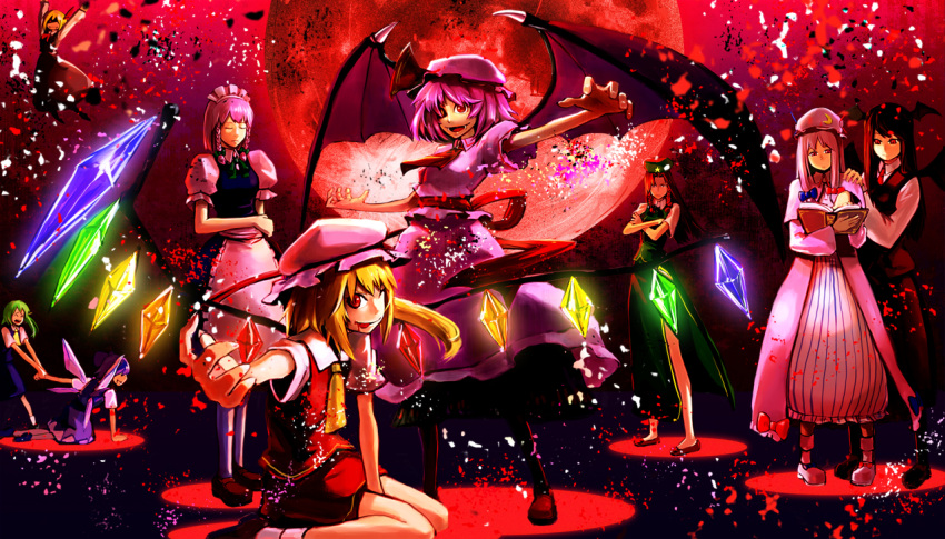arms_up bat_wings beckon blonde_hair blue_hair book bow braid cirno crescent daiyousei fangs flandre_scarlet foreshortening full_moon green_hair hair_bow hat head_wings holysnow hong_meiling izayoi_sakuya koakuma long_hair maid maid_headdress moon multiple_girls outstretched_arms patchouli_knowledge purple_eyes purple_hair red_eyes red_hair red_moon remilia_scarlet ribbon rumia short_hair side_ponytail spread_arms the_embodiment_of_scarlet_devil touhou twin_braids wings