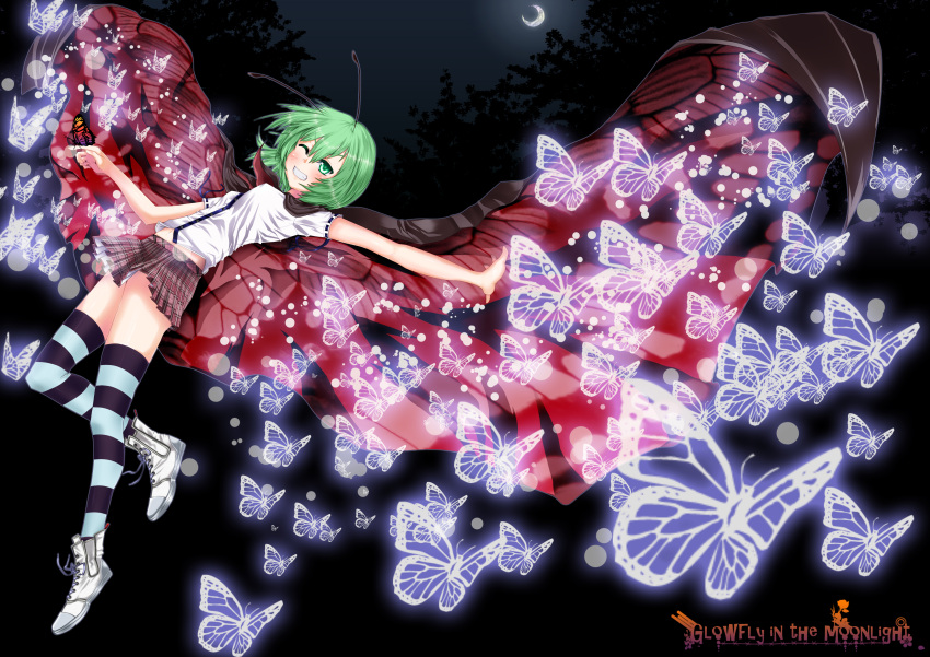 altria9 antennae butterfly cape casual contemporary glowing green_eyes green_hair grin highres moon navel outstretched_arm plaid plaid_skirt shoes short_hair skirt smile sneakers solo striped striped_legwear striped_thighhighs thigh-highs thighhighs touhou wink wriggle_nightbug zettai_ryouiki