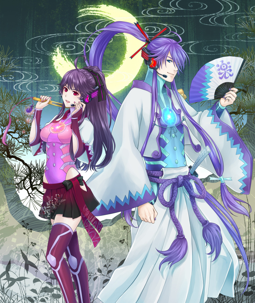 fan gakuko genderswap headset highres kamui_gakupo long_hair nail_polish ohse ponytail purple_hair red_eyes thighhighs vocaloid