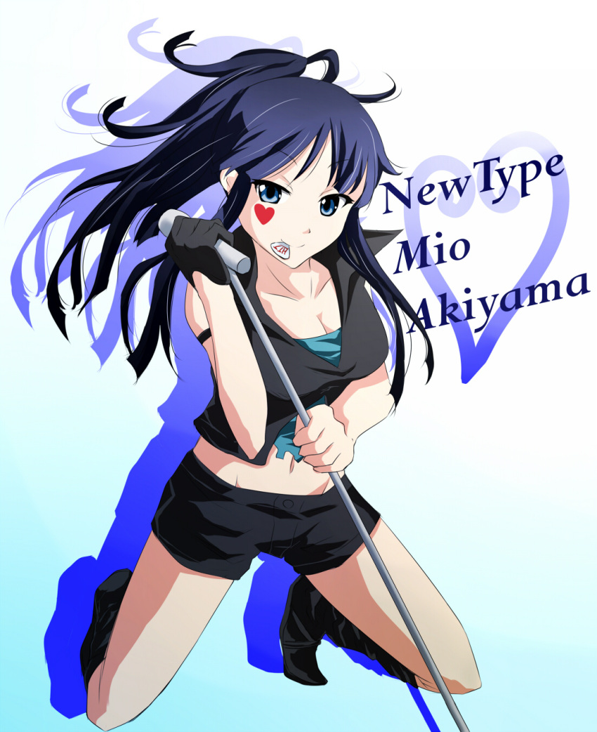 bare_shoulders black_hair blue_eyes boots breasts cleavage death_devil heart highres k-on! kneeling large_breasts long_hair microphone microphone_stand mouth_hold navel plectrum ponytail shiroi_neko shorts single_glove smile solo