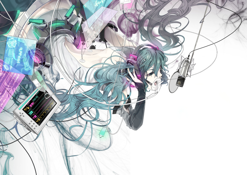 akiakane aqua_eyes aqua_hair back blood blood_bag blue_eyes blue_hair detached_sleeves diagram display ekg electrode_(object) fingerless_gloves gloves glowing hand_on_headphones hatsune_miku hatsune_miku_(append) headphones headset highres intravenous_drip long_hair mask microphone nail_polish navel necktie open_mouth oxygen_mask solo thighhighs twintails very_long_hair vocaloid vocaloid_append