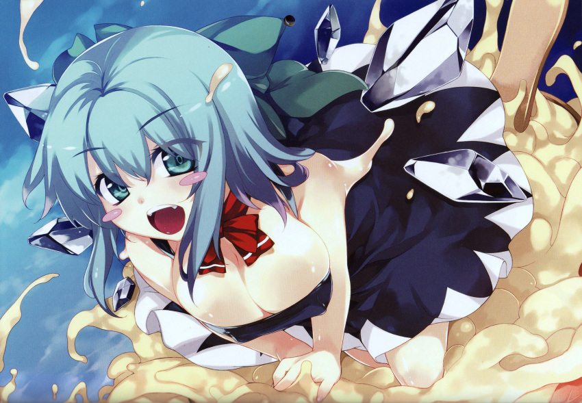 aburidashi_zakuro adult ascot blue_eyes blue_hair blush_stickers bow breasts cirno cleavage erect_nipples food hair_bow highres ice ice_cream in_food large_breasts minigirl scan short_hair solo touhou wings