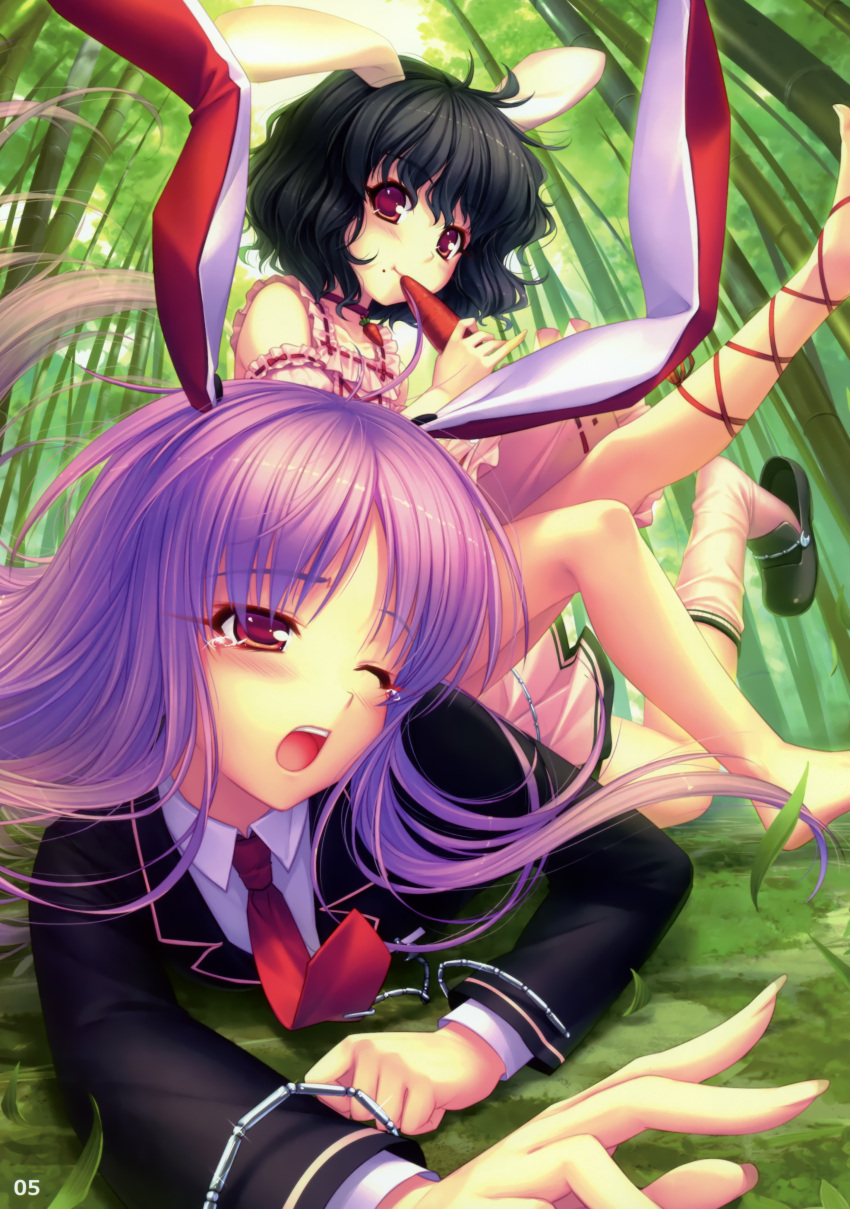 absurdres animal_ears ankle_lace-up bamboo bamboo_forest barefoot black_hair bunny_ears carrot cross-laced_footwear forest highres inaba_tewi legs long_hair mole multiple_girls nature necktie open_mouth purple_hair rabbit_ears red_eyes reisen_udongein_inaba sayori shoe_dangle short_hair touhou wavy_hair