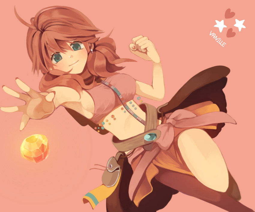 ahoge armpits bare_shoulders beads belt bow clenched_hand crop_top earrings final_fantasy final_fantasy_xiii fist gem green_eyes heart hiyo_kiki jewelry midriff nail_polish oerba_dia_vanille outstretched_arm outstretched_hand pouch reaching red_hair redhead short_hair short_twintails skirt sleeveless solo star taut_shirt twintails
