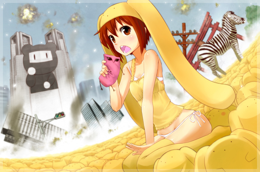 bare_shoulders bra brown_eyes brown_hair building bunny_ears camisole dutch_angle explosion hat lingerie nagian open_mouth original panties personification rabbit_ears side-tie_panties stuffed_animal stuffed_toy surreal thighhighs torii underwear white_panties wooser_(character) yellow_legwear zebra