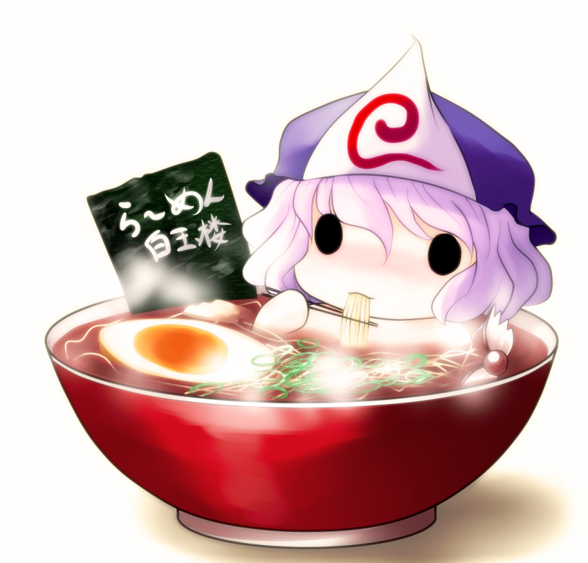 chibi chopsticks eating egg food girl_in_food hat in_bowl in_container in_food minigirl mystia_lorelei noodles saigyouji_yuyuko soup touhou yume_shokunin