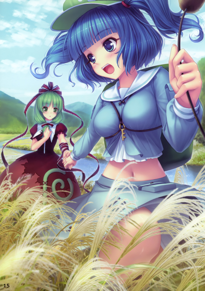 absurdres blue_eyes blue_hair breasts green_eyes green_hair hair_ribbon hat highres holding_hands kagiyama_hina kawashiro_nitori key multiple_girls navel ribbon river sayori touhou twintails