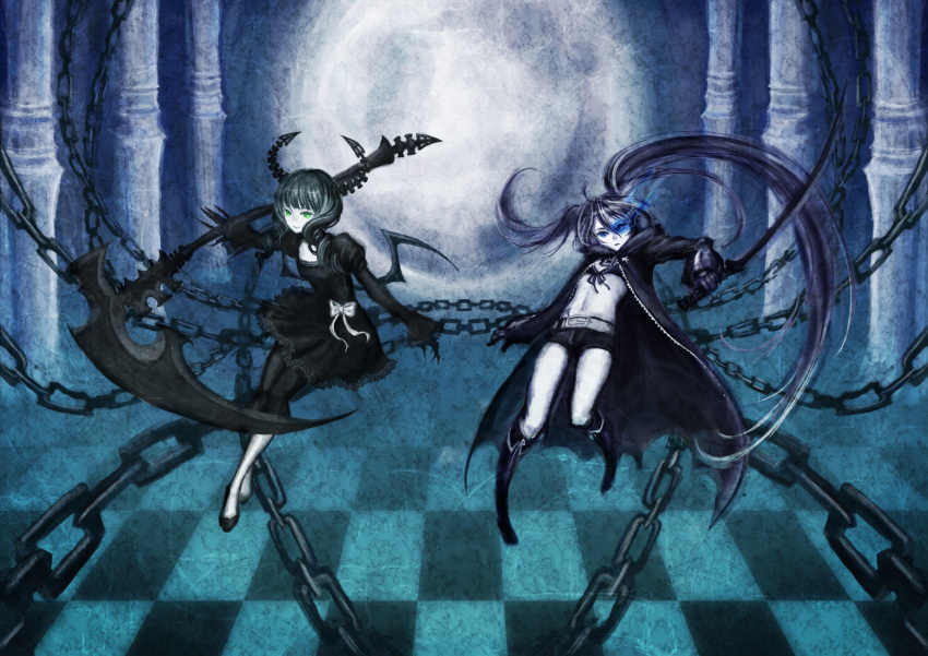absurdres black_rock_shooter black_rock_shooter_(character) boots capri_pants chain checkered checkered_floor dead_master dress glowing_eye highres hooded_jacket horns jacket katana multiple_girls navel pale_skin shorts sword twintails uneven_twintails variy weapon wings