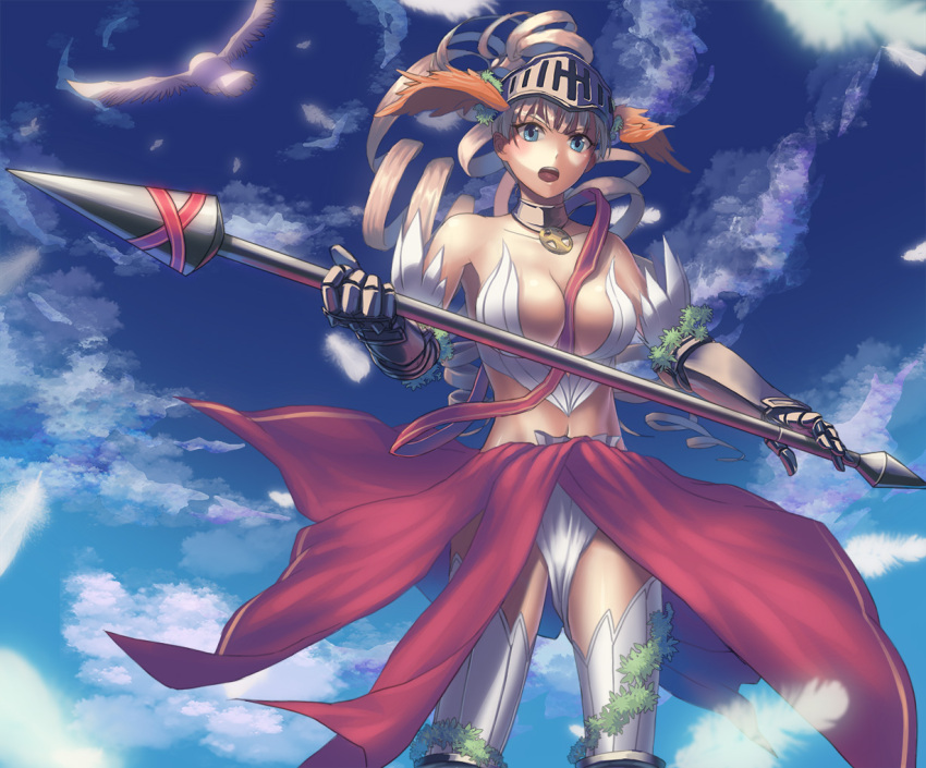 bird blonde_hair blue_eyes boots choker cloud clouds feathers gloves head_wings helmet lance lord_of_vermilion mismi open_mouth polearm solo thigh-highs thigh_boots thighhighs weapon