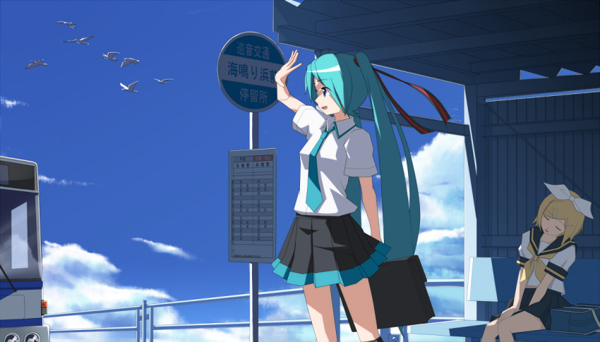 bag bird bus_stop eto hatsune_miku kagamine_rin multiple_girls school_uniform seagull sign skirt sleeping vocaloid