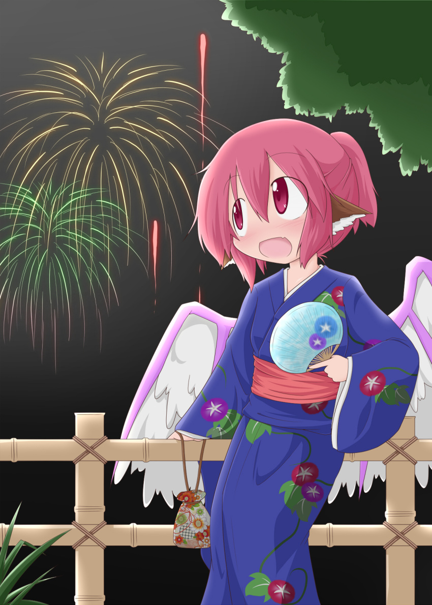 alternate_hairstyle animal_ears bag bamboo_fence blush fan fireworks gokei highres japanese_clothes kimono mystia_lorelei night open_mouth pink_eyes pink_hair ponytail short_hair solo touhou wings