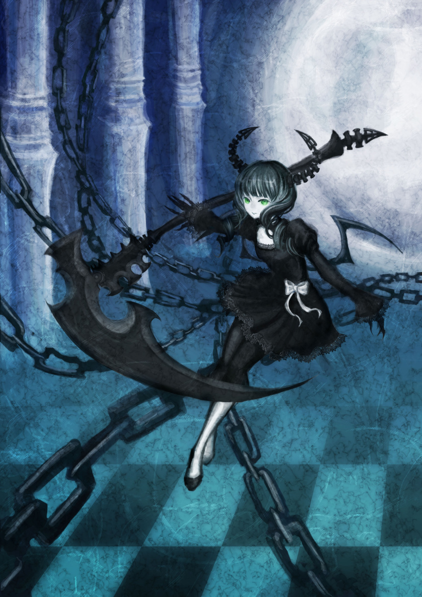 absurdres black_rock_shooter boots capri_pants chain checkered checkered_floor dead_master dress green_eyes highres hooded_jacket horns jacket navel pale_skin scythe shorts twintails variy weapon wings
