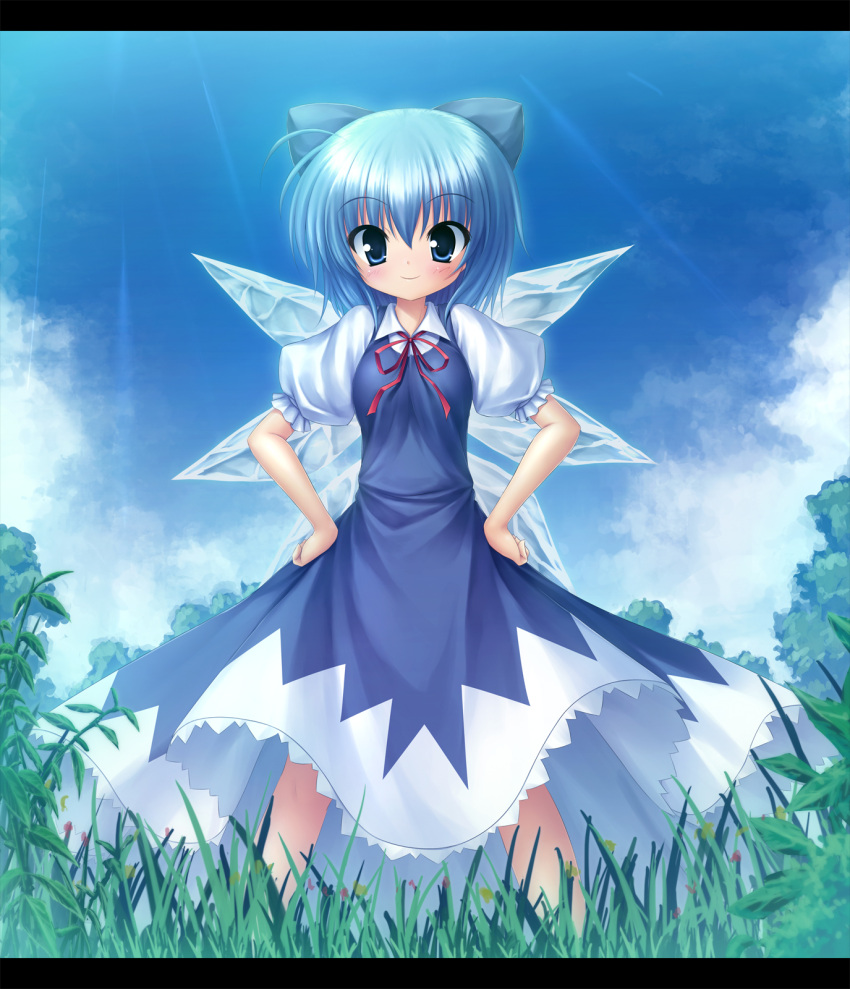 blue_eyes blue_hair bow cirno grass hair_bow hands_on_hips highres letterboxed short_hair smile solo takeponi touhou wings