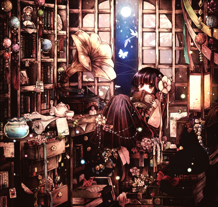 bangs bell book bookshelf butterfly cat clock cover covering_mouth cup desk dog doll drawer fish flower frog full_moon globe glowing goldfish hair_flower hair_ornament hanada_hyou hieda_no_akyuu highres japanese_clothes jewelry jingle_bell lantern moon necklace origami phonograph purple_hair red_eyes room short_hair sitting socks solo teacup teapot touhou violet_eyes white_legwear window
