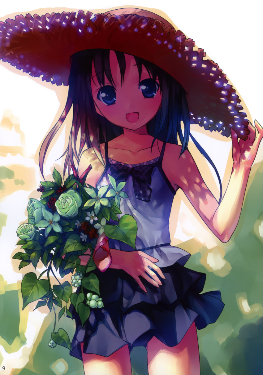 :d bouquet casual flower green_rose hat highres leaf open_mouth rose skirt smile solo straw_hat takoyaki_(roast)