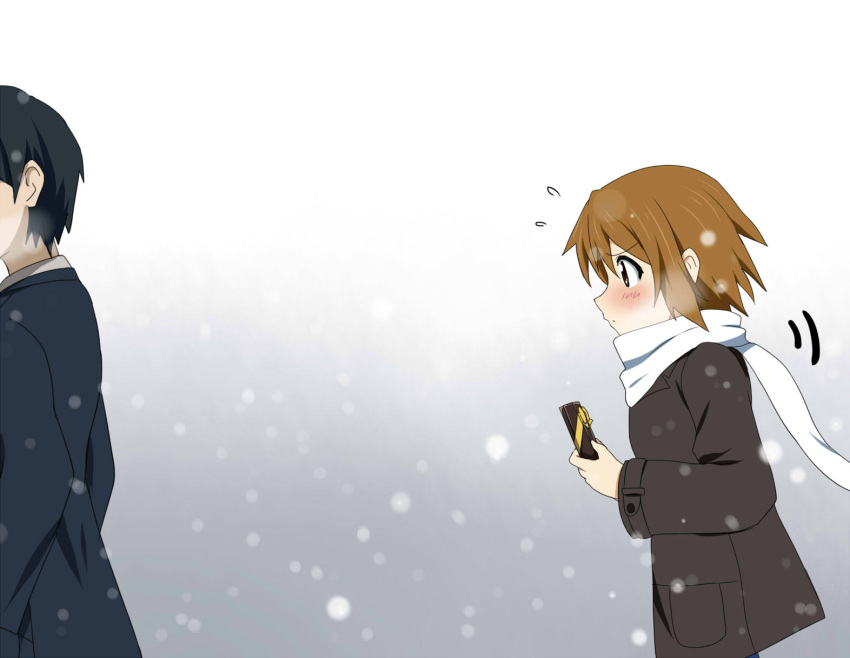 black_hair blush brown_eyes brown_hair face faceless faceless_male gift hair_down highres holding holding_gift ikari_manatsu jacket k-on! male scarf short_hair snow tainaka_ritsu winter winter_clothes