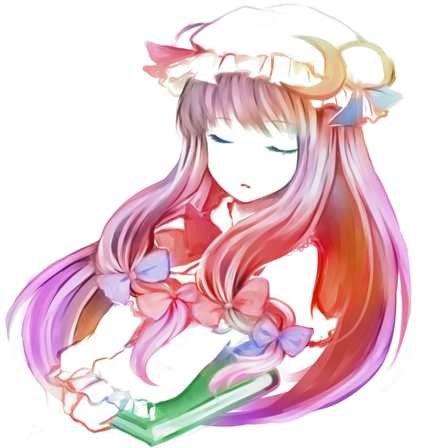book bow closed_eyes crescent eyes_closed hair_bow hat long_hair patchouli_knowledge purple_hair solo sugita touhou