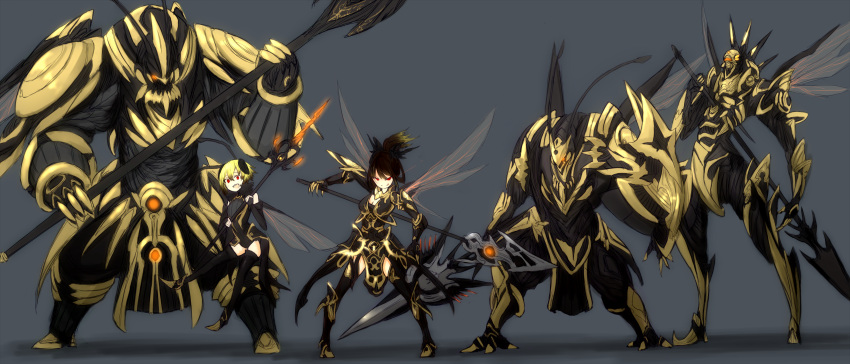 absurdres armor boots fingerless_gloves full_armor gloves gradient_hair grin hair_ornament highres insect_girl insect_wings long_hair multicolored_hair open_mouth original polearm red_eyes shirogane_usagi short_hair smile spear thigh-highs thigh_boots thighhighs tongue weapon wings