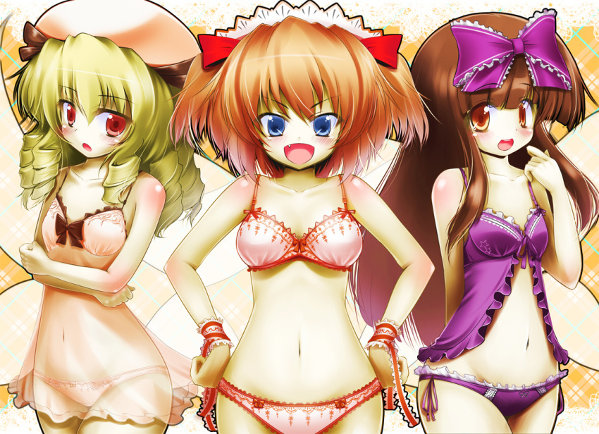 :d :o babydoll bra chemise fang lingerie luna_child mocchi multiple_girls navel open_mouth panties see-through smile star_sapphire sunny_milk touhou underwear wings
